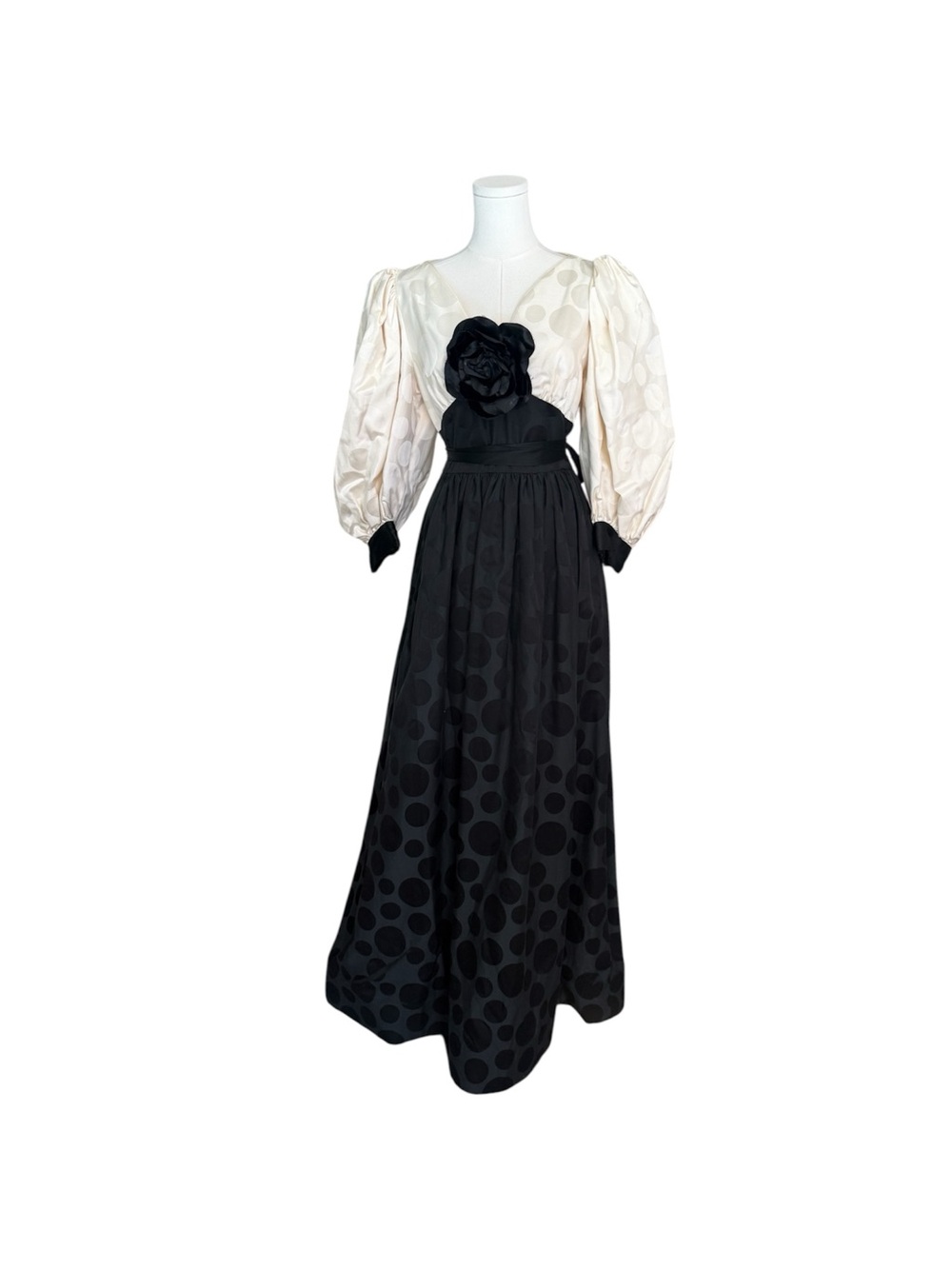 Vintage 80s Michael Novarese Black White Polka Dot Ball Gown Rosette Puff Sleeve - Picture 2 of 10